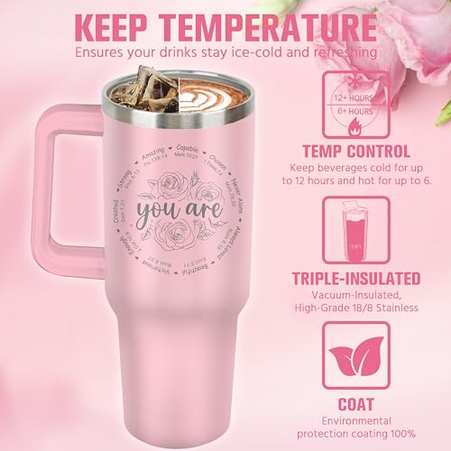 Christian Tumbler with Handle and Straw, 40 oz Vacuum Insulated Water Bottle Stainless Steel, Leak Proof Travel Mug, Inspirational Religious Belief Gifts for Her Women Girl Christmas Mothers Day - color: Pink