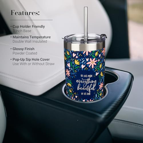 Christian Art Gifts Stainless Steel Double-Wall Vacuum Insulated Tumbler w/Straw & Lid 18 oz Navy Floral Inspirational Bible Verse Travel Mug for Women - Everything Beautiful - Ecc. 3:11 - color: Navy/Everything Beautiful