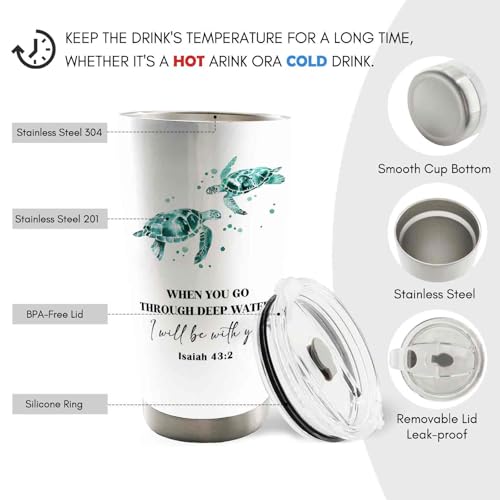 Christian Sea Turtle 20oz Travel Coffee Mug Tumbler, Christian Gifts for Women, When You Go Through Deep Waters Bible Verse Religious Stainless Steel Tumbler with Lid and Straw - color: Deepwater