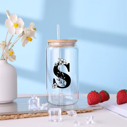 Monogrammed Initial Glass Cup Personalized Gifts for Women 16oz Initial Letter Glass Cups w/Lids Straws Birthday Valentine Mothers Day Gift for Her, S - color: Letter Cup-S