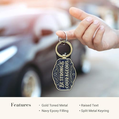 Christian Art Gifts Inspirational Scripture Keychain Accessory for Men & Women: Strong & Courageous Encouraging Bible Verse, Chic, Stylish & Sturdy for Key Rings, Lanyards, Backpacks, Navy Blue & Gold