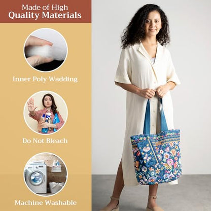 Maison d' Hermine Shopping Bags Cotton Quilted Tote Bag with Zipper Pockets - color: 005 - Happy Florals - Blue