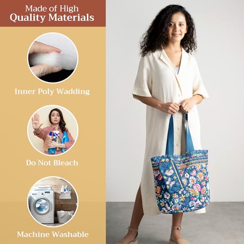 Maison d' Hermine Shopping Bags Cotton Quilted Tote Bag with Zipper Pockets - color: 005 - Happy Florals - Blue