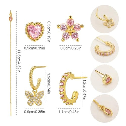 Gold Earrings Set for Women 14K Gold Plated Cubic Zirconia Love Heart Bowknot Clover Fruit Flower Insect Ocean Cross Huggie Hoop Earrings Stud Earrings Set for Multiple Piercing Party Jewelry Gifts - style: Butterfly and Heart