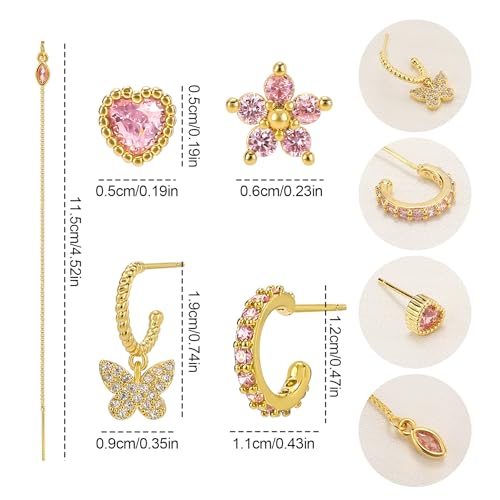 Gold Earrings Set for Women 14K Gold Plated Cubic Zirconia Love Heart Bowknot Clover Fruit Flower Insect Ocean Cross Huggie Hoop Earrings Stud Earrings Set for Multiple Piercing Party Jewelry Gifts - style: Butterfly and Heart