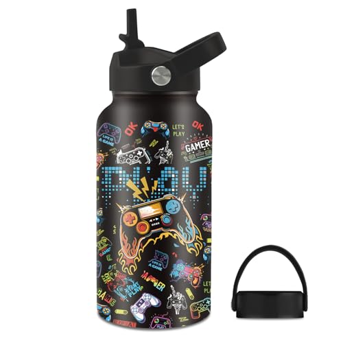 Game Gifts for Kids, 25oz Gaming Water Bottle with 2 Lid & Straw - Game Play Stainless Steel Water Bottles, BPA-free Leakproof Insulated Kids Sports Waters Bottle for School Travel, Gift Cup for Teen - color: Game play