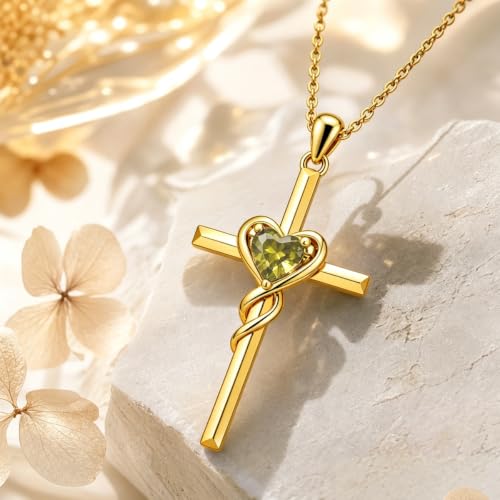 Birthstone Cross Necklace for Women 14K Gold Plated Heart Infinity Cross Pendant Necklace Christian Religious Jewelry Anniversary Birthday Gifts for Wife Mom Her - color: Aug/Peridot