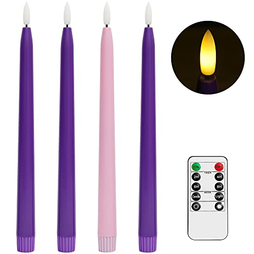 Stmarry Flameless Advent Candles, Set of 4 - Flickering LED Flame, 11 Inch Taper Candlesticks, Remote Controlled, Purple and Pink for Christmas Wreath - color: Purple and Pink