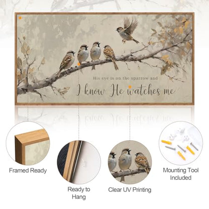 Aurlan His Eye Is On The Sparrow Framed Canvas Wall Art 40x20 Inch - color: His Eye is on the Sparrow, size: 40"L x 20"W