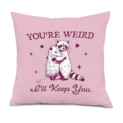 Funny Pink Racoon Opossum Meme Throw Pillow Covers 18x18, You're Weird I'll Keep You Decorative Pillow Covers for Home Living Room Bedroom, Opossum Gifts for Women - color: Colour -E