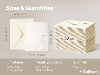 Vitalizart Debossed Thank You Cards with Envelopes 32 Pack 4.3" x 5.5" - color: White Card White Envelope, size: 32 pcs