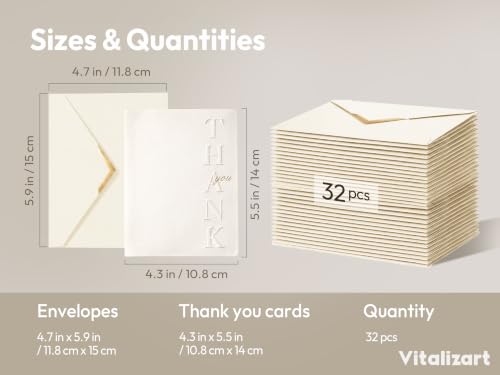 Vitalizart Debossed Thank You Cards with Envelopes 32 Pack 4.3" x 5.5" - color: White Card White Envelope, size: 32 pcs