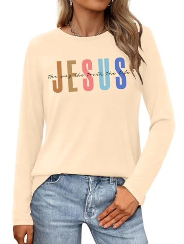 Christian Shirts for Women: Faith Over Fear T Shirt Religious Graphic Tee Bibel Verse Long Sleeve Tops - color: Apricot, size: X-Large