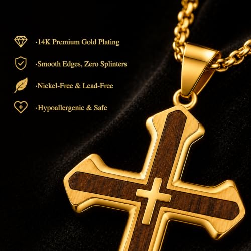 14K Gold Plated Wood Cross Necklace for Men Christian Pendant Jewelry - color: A04-Cross