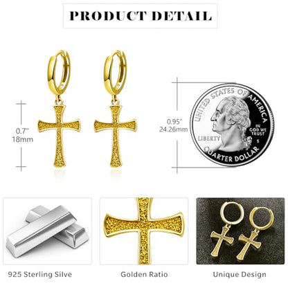 Cross Earrings 925 Sterling Silver Cross Dangle Earrings Christianity Jewelry Gift for Men Women - style: Cross-Gold