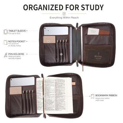 Polare Full Grain Leather Bible Cover Church Bag Bible Protective Book Holder Carrying Case Folder Organizer Portfolio, Dark Brown - style: Dark Brown
