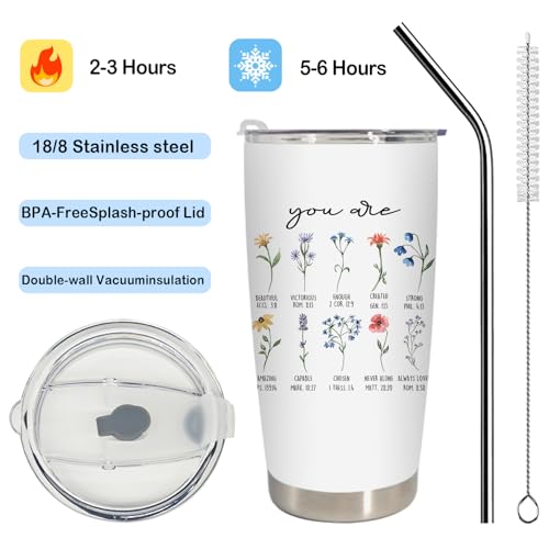 Inspirational Christian Floral Tumbler, You Are Bible Verse Religious Stainless Steel Tumbler with Lid and Straw 20oz, Christian Faith Based Gifts Travel Coffee Cup - color: youare