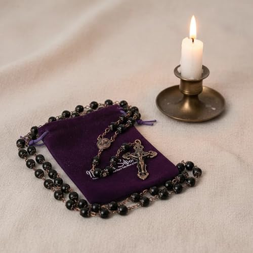 Nazareth Store Natural Stone Beads 8mm Rosary Necklace Antique Copper Design Holy Soil Medal & Cross in Velvet Bag - Catholic Rosaries Terra Santa Jerusalem Collection - color: Black Obsidian