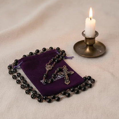 Nazareth Store Natural Stone Beads 8mm Rosary Necklace Antique Copper Design Holy Soil Medal & Cross in Velvet Bag - Catholic Rosaries Terra Santa Jerusalem Collection - color: Black Obsidian