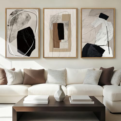 Anyzal Large Black Abstract Framed Wall Art 16x24 Inch Modern Neutral Canvas Wall Decor Beige Grey Minimalist Painting for Living room Bedroom Dining room Set of 3 - color: Black and beige, size: 24"L x 16"W