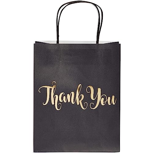 24 Pack Medium Black Thank You Party Favor Paper Goodie Gift Bags with Handles, Gold Foil - color: Black,Gold