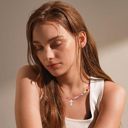 Colorful Beaded Cross Necklace for Girls Women, 14K Gold Plated Pendant Baptism Birthday Christian Religious Confirmation Trendy Stuff Gift 16+3 Inches - color: Silver, style: Soft Bead