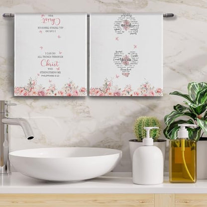 Christian Kitchen Towels Set of 2, Inspirational Christian Gifts for Women Dish Tea Towels for Kitchen Decor, Religious Bible Verse Floral Hand Towels for Bathroom Decor, 16x24 Inches