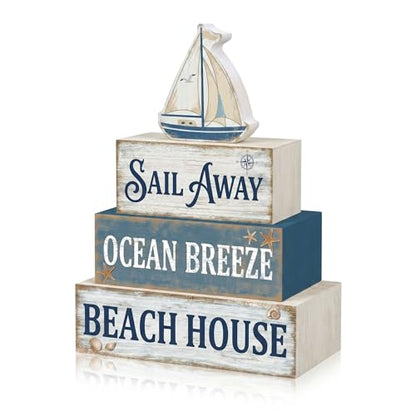 Britimes Tiered Tray Decor Set, 4 Pack, Wooden Table Sign, Nautical Ocean - style: Sailboat
