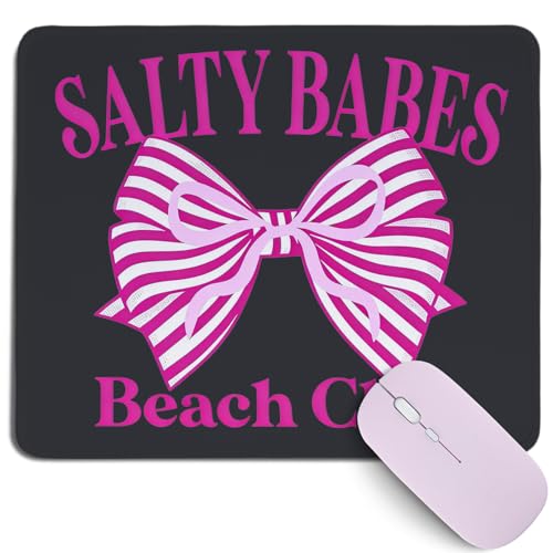 Black Salty Babes Beach Club Mouse Pad,Retro Summer Beach Desk Mat,Vintage Pink Striped Bow Mouse Mat,Cute Girly Coastal Gaming Desk Decor for Office Home Dorm,10.2x8.2Inch - color: Black Pink Bowtie