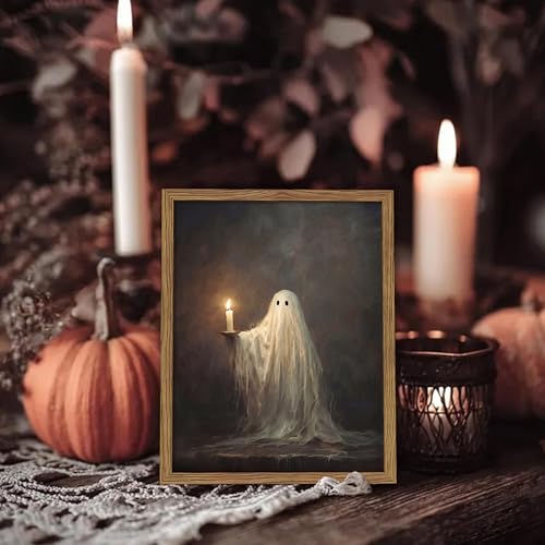 Framed Cute Halloween Ghost Wall Art - Vintage Halloween Canvas Print, Ghost Holding Candle Picture, Dark Academia Horror Wall Decor for Living Room Bedroom, 8x10in Wood Frame - color: Ghost with Candl, size: 10"L x 8"W