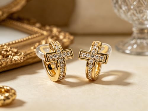 FAN&LOUIS 24K Gold Plated Cross Clip On Earrings for Women, Small Hoop Huggie Trendy Hypoallergenic Lightweight Cross Hoop Clip-On Earrings for Non-Pierced Ears