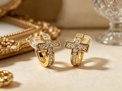 FAN&LOUIS 24K Gold Plated Cross Clip On Earrings for Women, Small Hoop Huggie Trendy Hypoallergenic Lightweight Cross Hoop Clip-On Earrings for Non-Pierced Ears
