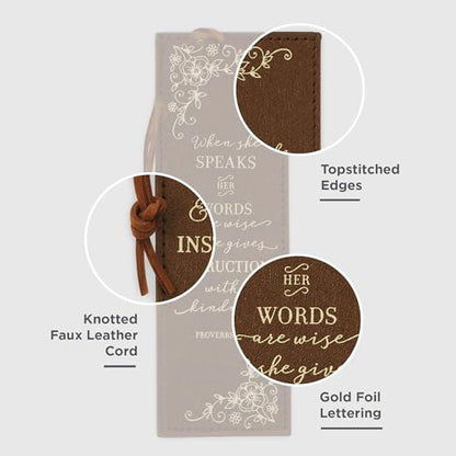 Christian Art Gifts Premium Faux Leather Bookmark for Women: Proverbs 31:26 - color: Brown - Proverbs 31 Woman