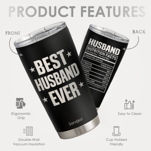 SANDJEST 20oz Insulated Tumbler for Husband, Stainless Steel Travel Mug with Lid, Best Husband Ever Coffee Cup for Men, Boyfriend Birthday Christmas Valentine - color: Husband