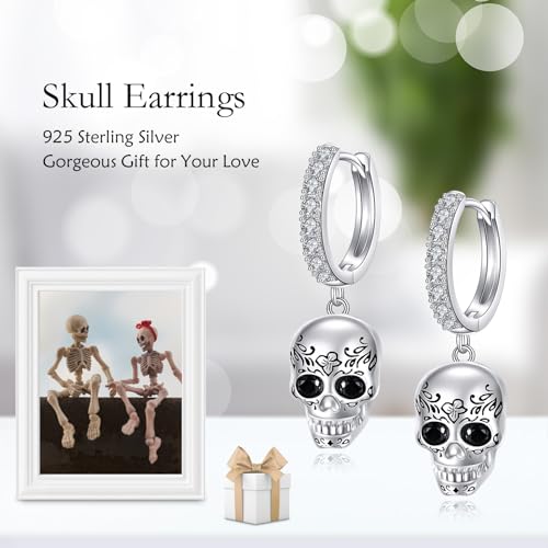 AOBOCO Black Hoops Earrings for Men Sterling Silver Viking Celtic Cross Heart Skull Round Triangle Hoop Earrings Birthday Father Day Christmas Jewelry Gifts for Men Women Friends - style: Skull Earrings