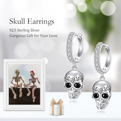 AOBOCO Black Hoops Earrings for Men Sterling Silver Viking Celtic Cross Heart Skull Round Triangle Hoop Earrings Birthday Father Day Christmas Jewelry Gifts for Men Women Friends - style: Skull Earrings