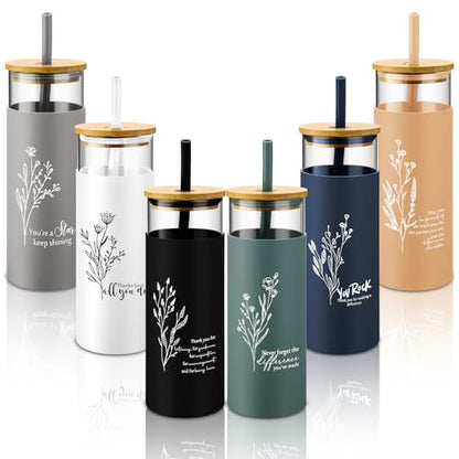 Jingmore 6 Pcs 16oz Glass Cups with Straw and Lid Bulk, Inspirational - style: Inspirational