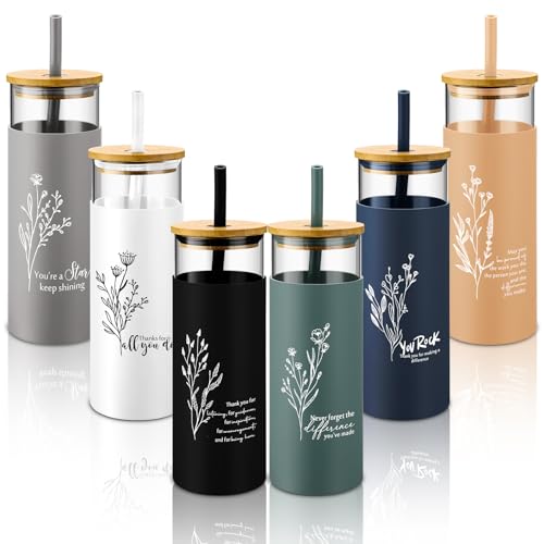 Jingmore 6 Pcs 16oz Glass Cups with Straw and Lid Bulk, Inspirational - style: Inspirational