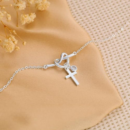 Moodear Cross Bracelet for Women, Dainty Sterling Silver/Gold Plated Gift - color: Silver Knot Cross Bracelet