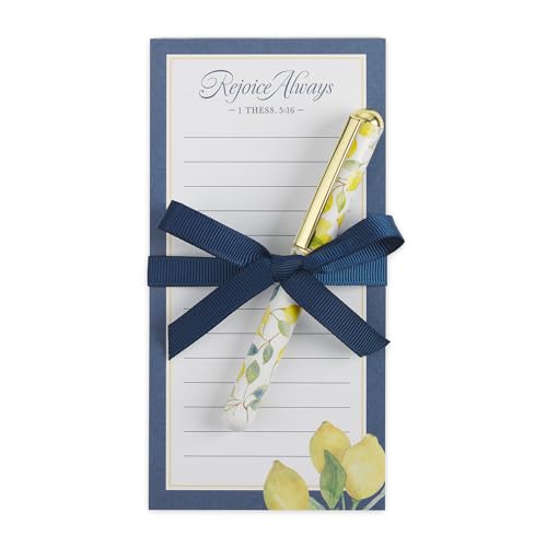 Christian Art Gifts Magnetic Notepad & Pen Set, Lemon Theme, Rejoice Always - color: Navy & Yellow Lemon/Rejoice Always