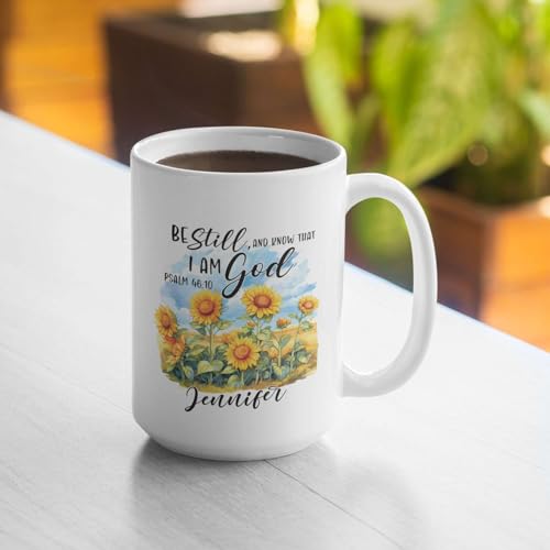 Custom Bible Verse Mug With Name, Religious Coffee Mug For Women, Personalized Christian Ceramic Cup, Accent Mug 11Oz Or 15Oz, Customized Sunflower Design Mug, Gift For Birthday - color: TRI-1223-1146-KNOW THAT I AM GOD MUG