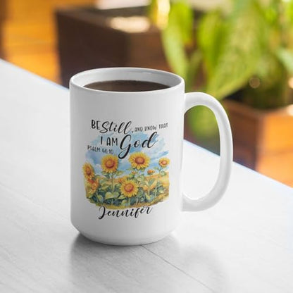 Custom Bible Verse Mug With Name, Religious Coffee Mug For Women, Personalized Christian Ceramic Cup, Accent Mug 11Oz Or 15Oz, Customized Sunflower Design Mug, Gift For Birthday - color: TRI-1223-1146-KNOW THAT I AM GOD MUG