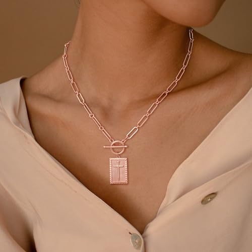 CHESKY Cross Necklace for Women Trendy, Dainty 14K Gold Plated Paperclip Charm Necklace for Womens Chunky Cross Pendant Necklace Gold Jewelry Religious Christian Gifts for Christians - color: Cross-RG