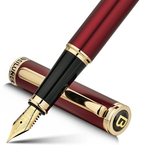 BEILUNER Red Fountain Pen,Stunning Luxury Pens with 24K Gold Finish, Gorgeous 24K Gilded Nib(Fine), Trustworthy Pen Gift for Men&Women -Ink Converter-Elegant,Graduation,Office,Nice Pen for Writing - color: Red&Gold, style: Fine Nib
