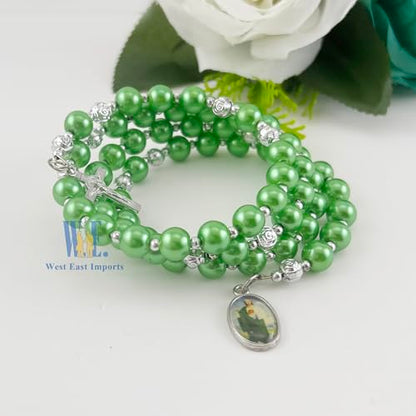 12 pcs Religious Wrap Rosary Bracelet, Green Beads with Cross and St. Jude Medal Charm, Memorial Prayer Favor - color: JA175S-grn