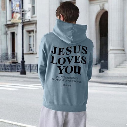 Christian Jesus Loves You Hoodies for Teen Religious Faith Sweatshirts Bible Verse Graphic Youth Hoodie - color: Blue Gray, size: Medium