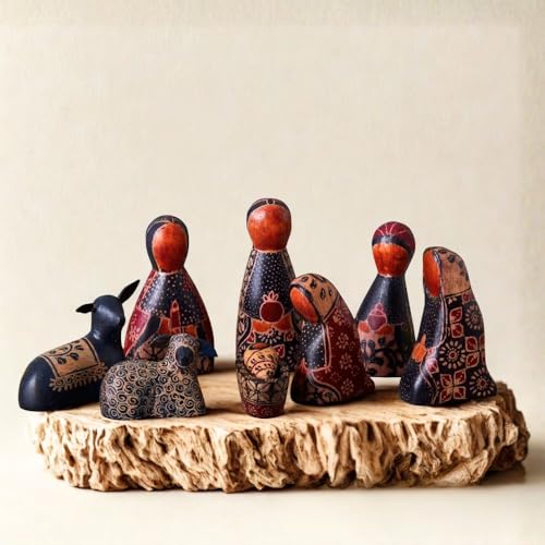Black Batik Nativity Set, Christmas Decorations, Collectible Figurines, Xmas Indoor Home Decor - Fireplace Mantel, Desk, Shelf, Wooden Statues, 8pcs