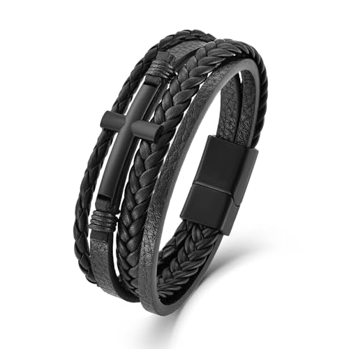 Mens Cuff Cross Bracelet Multi-Layer Braided Leather Cross Bracelet for Religious Bangle Wristband Faith Christian Jewelry for Men Teen - color: C.Black, size: 9.1in(23cm, Fits larger wrists)