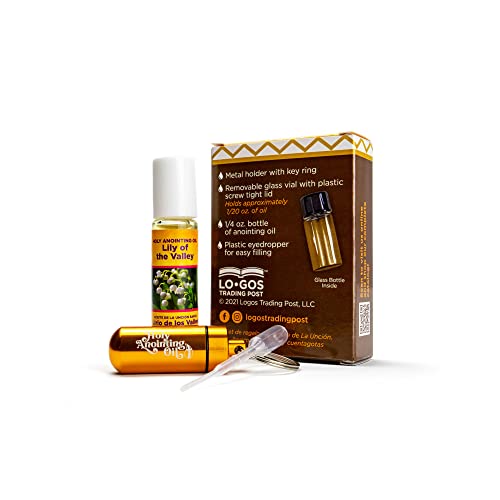Lily of the Valley Anointing Oil from Israel Boxed Gift Set with Dispenser, Holy Jerusalem Oil & Gold Metal Keychain Bottle Container, Plastic Dropper & Small Glass Vial, Aceite Ungido y Botella - color: Gold, style: Lily of the Valley