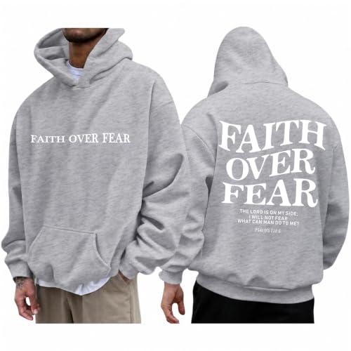Mens Christian Faith Over Fear Hoodie Jesus Religious Graphic Hoodies Inspirational Bible Verse Vintage Sweatshirt - color: Light Gray, size: Small